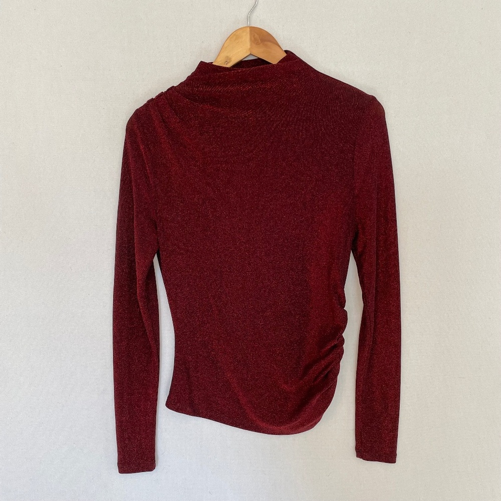 VERONICA BEARD Small Mylie Top Red Crimson Lurex Ruched Mock Neck Long Sleeve